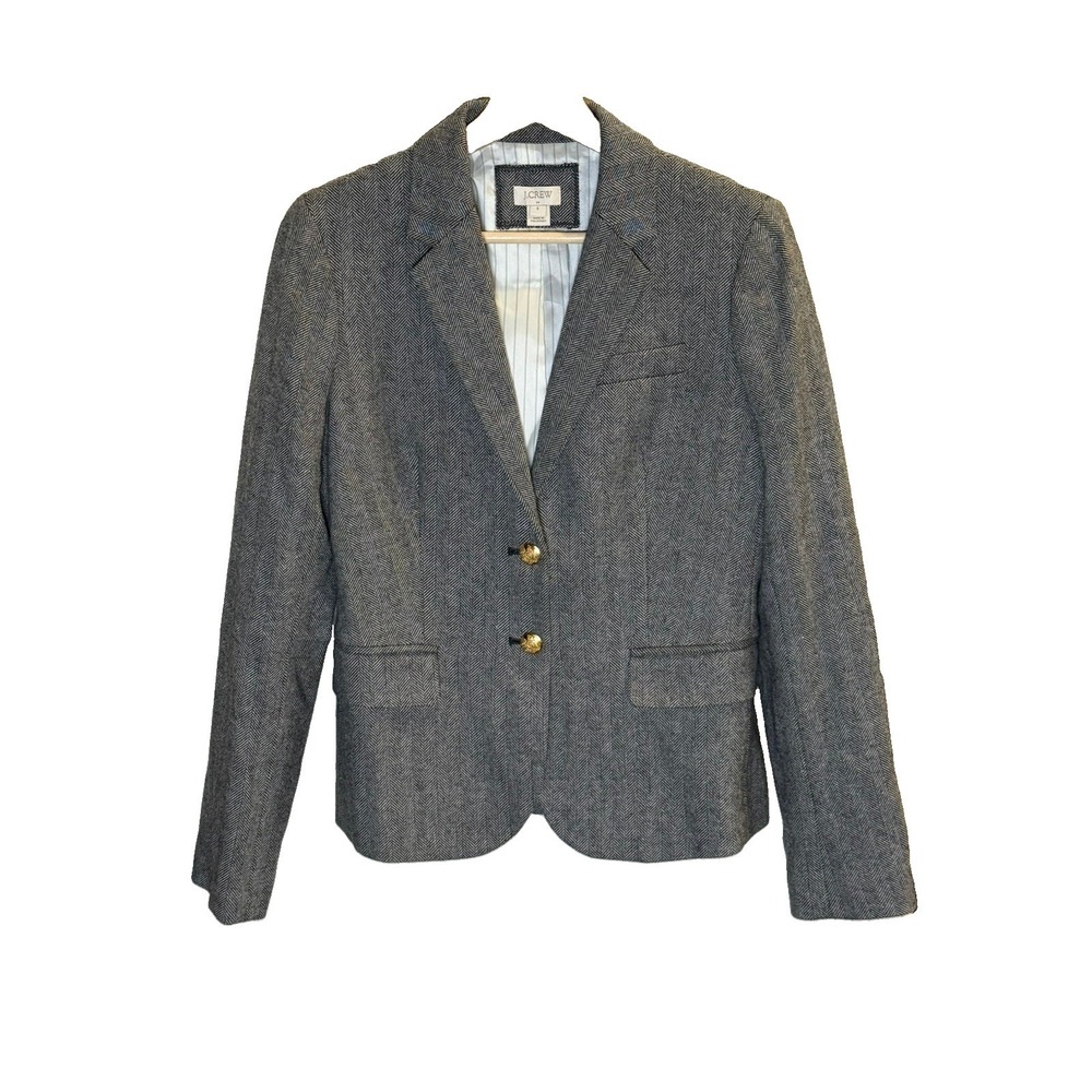 J.Crew Gray Herringbone Wool Blend Blazer with Gold Crest Buttons Women Size 6